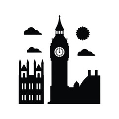 Obraz premium Big Ben silhouette, London clock tower landmark vector icon