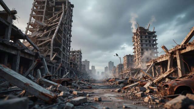 Ruined city street with destroyed buildings and debris after war