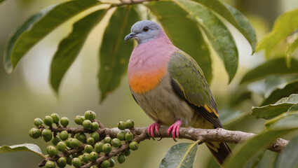 Obraz premium Male Pink-necked Green Pigeon perched on a fruiting branch in its natural tropical habitat
