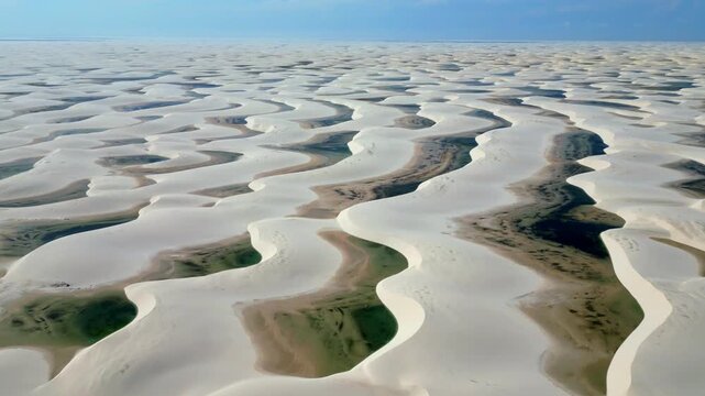 Cinematic aerial drone footage of the stunning white sand dunes and crystal clear lagoons of Len&ccedil;&oacute;is Maranhenses National Park, Brazil &ndash; 2025