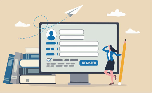 Register new user account, registration form submission, sign up information online, apply new job membership, self service concept, businesswoman books pencil complete online registration form