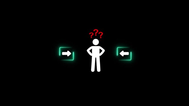Decision making and choosing the right path. Confusion about deciding which direction to go. Stickman with question marks standing in between the neon with arrow symbols.4k motion graphics video