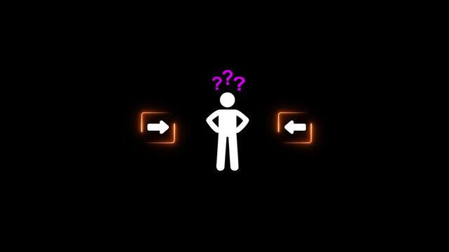 Decision making and choosing the right path. Confusion about deciding which direction to go. Stickman with question marks standing in between the neon with arrow symbols.4k motion graphics video