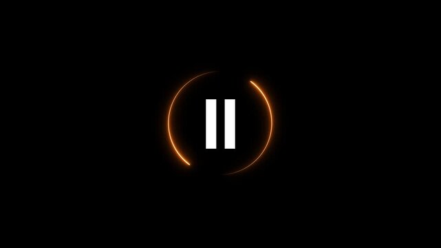 Glowing neon presses pause icon on a virtual display screen.4k motion graphics video animation