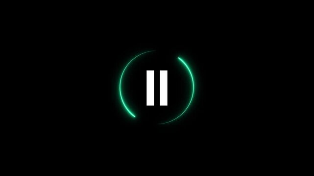 Glowing neon presses pause icon on a virtual display screen.4k motion graphics video animation