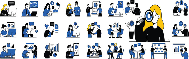 Fototapeta premium Business and finance vector concept illustration set with business illustration management analytics marketing workplace financial strategy collaboration investment planning technology