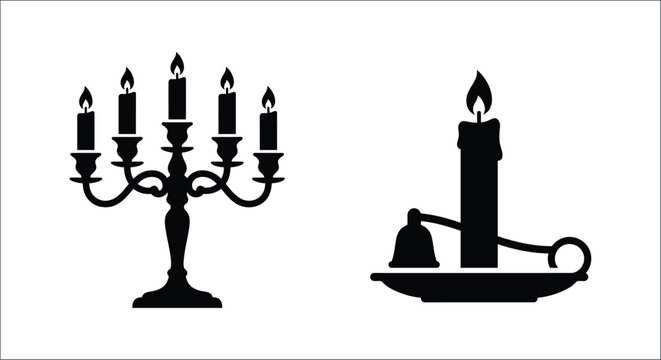 Black silhouette of a five arm candelabra and single candlestick with burning candles on white background candleholder five arm wax lit flame isolated graphic vector illustration