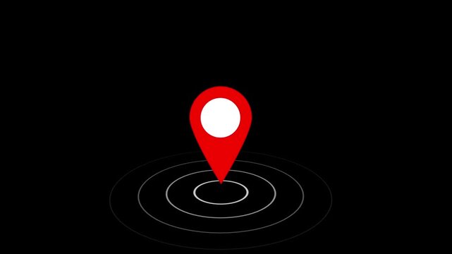 Animated red map location pin with pulsing radar circles on a clean black background, digital navigation, gps tracking, travel apps, and modern user interface