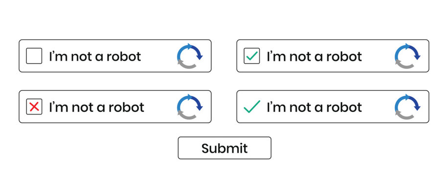 Web security checkbox with i am not a robot text and submit button on transparent background