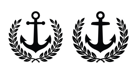 Two nautical anchors with laurel wreaths presented as a black silhouette anchor maritime sea ocean ship boat navigation © Mithon