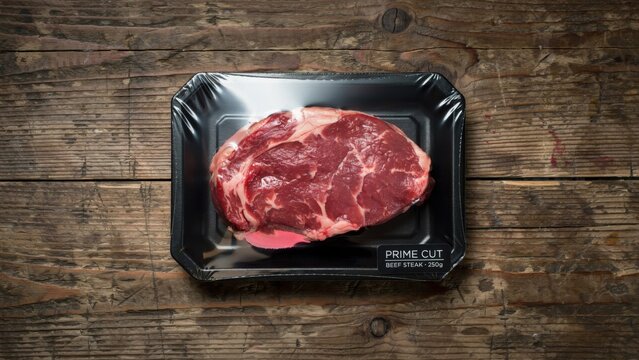Raw beef steak in plastic packaging on a rustic wooden table