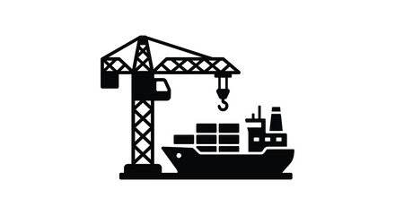 Construction crane and cargo ship silhouette against a white background a monochrome industrial scene docks freight harbor heavy lifting © Mithon