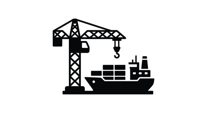 Construction crane and cargo ship silhouette against a white background a monochrome industrial scene docks freight harbor heavy lifting