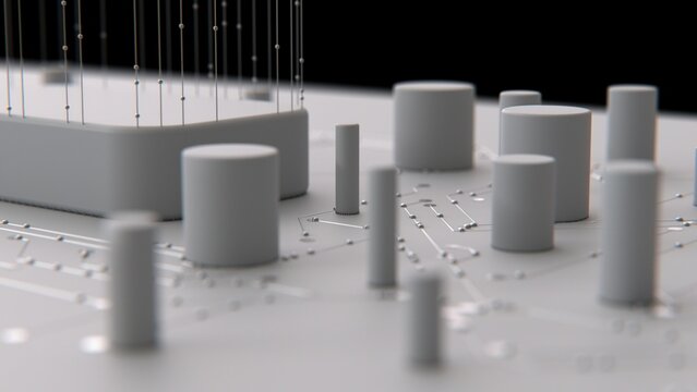 3d circuit board cityscape for tech company website background with photorealistic silver and white components
