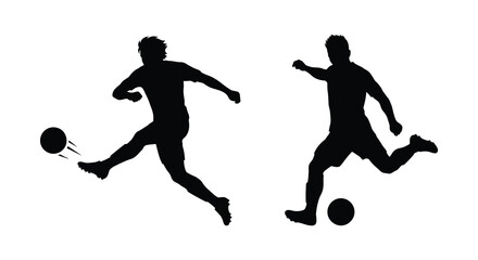 Two soccer players in action dynamic poses with a ball black silhouette football futbol athlete sportsman player kicker © Mithon
