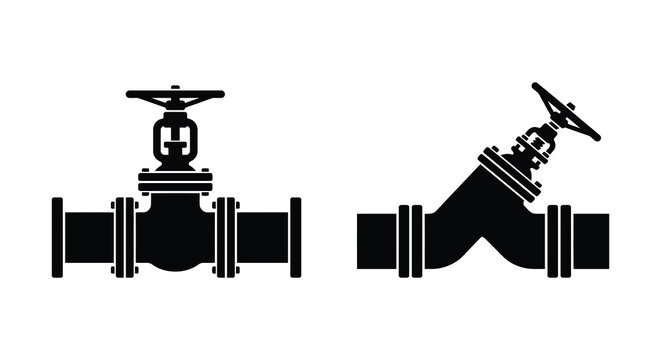 Two industrial gate valves with pipe connections presented as a black silhouette valve pipeline flow control water gas
