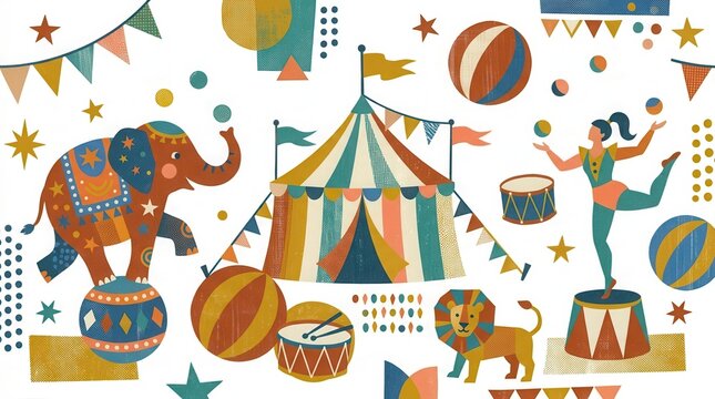 Festive circus illustration showing an elephant on a ball, a juggler, and a colorful tent