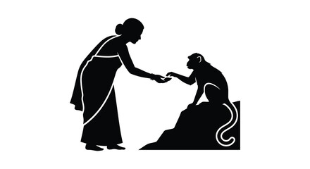 Woman offering food to a monkey a black silhouette against a white background silhouette female person primate animal © Mithon