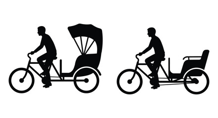 Black silhouette of rickshaws and bicycle taxis against a white background silhouette taxi rickshaw pedicab cycle two wheeled vehicle © Mithon