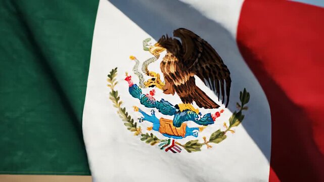 Mexican flag with detailed eagle emblem waving, vibrant green, white, and red colors under natural daylight, patriotic symbol.