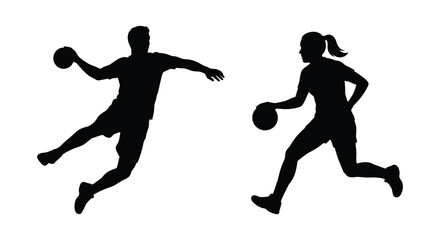 Handball players in action dynamic poses depicted as a black silhouette team sport ball game indoor sports athlete © Mithon