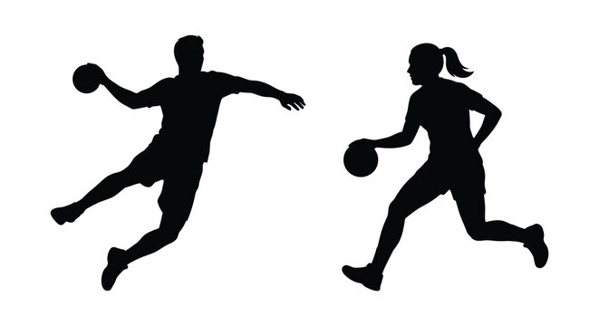 Handball players in action dynamic poses depicted as a black silhouette team sport ball game indoor sports athlete