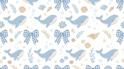 Obraz premium Baby whales, seashells, and plaid bows arranged in a soft pastel nautical pattern