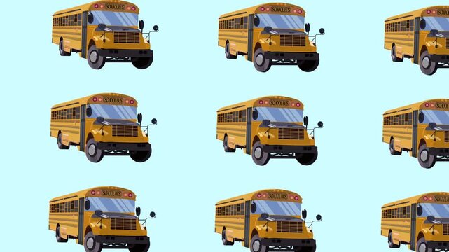 Seamless pattern of classic American yellow school buses on blue background.