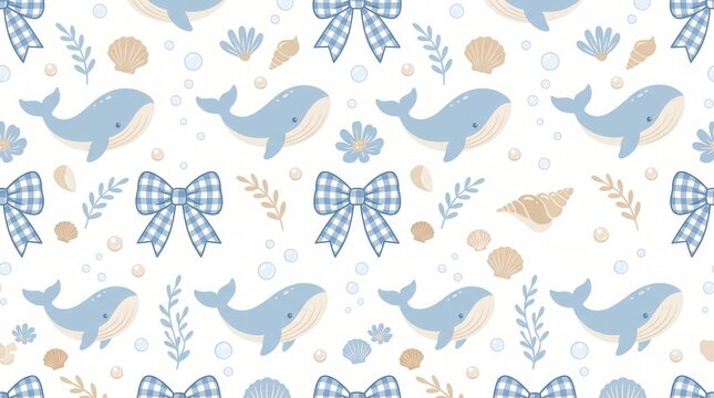 Baby whales, seashells, and plaid bows arranged in a soft pastel nautical pattern