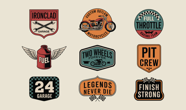 Motorcycle Vintage Badge Vector Set for Biker T-shirt Design and Custom Garage Branding