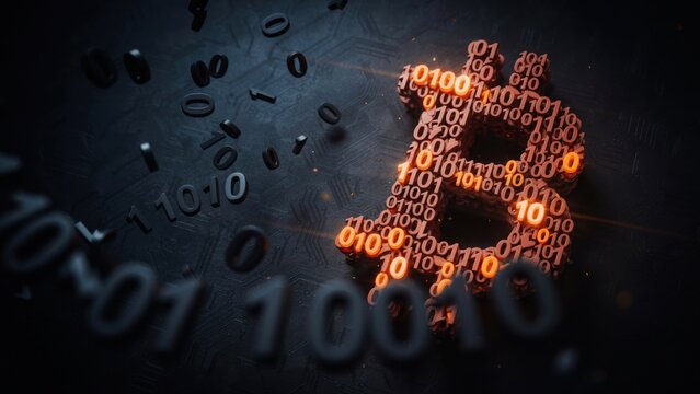 Bitcoin symbol made of glowing binary code digits on dark background