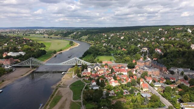 Loschwitz Riverside Town and Blaues Wunder Bridge Aerial Dresden