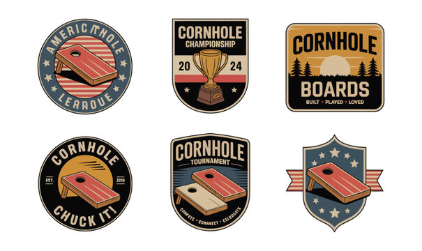 Vintage Cornhole Game Badge Emblems Vector Set for Tournament T-shirt and Apparel Design