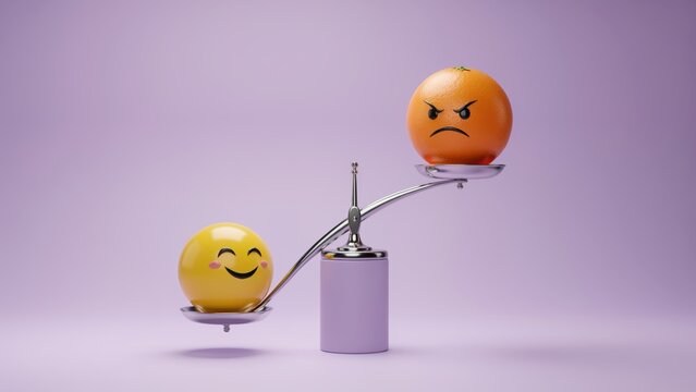 Conceptual balance scale comparing a happy emoji and an angry orange