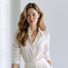 Obraz premium young blonde woman in white outfit sitting by window, elegant natural portrait of relaxed blonde woman indoors, minimalist lifestyle portrait of confident young woman