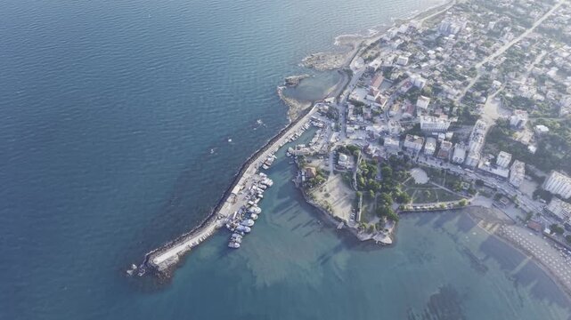 Aerial View of Yumurtalık Castle in Adana Turkey Showing Medieval Coastal Fortress and Mediterranean Seaside Landscape