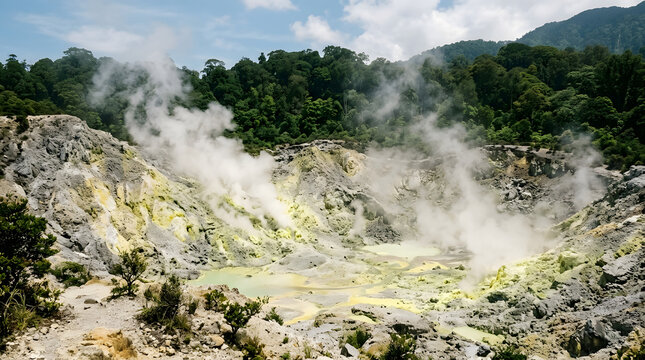 Steamy volcanic landscape with sulfur deposits.