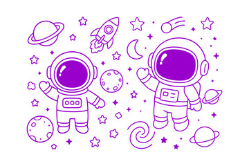 Two cute cartoon astronauts floating in space with a rocket and planets drawn in a bold purple line art style © BWKit