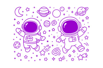 Two cute astronauts floating in space wearing detailed suits with stars and planets in a minimalist purple line art style © BWKit