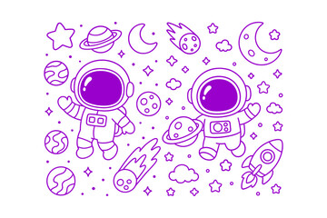 Two cute astronauts floating in space with planets, stars, and rockets rendered in a simple purple line art style illustration © BWKit