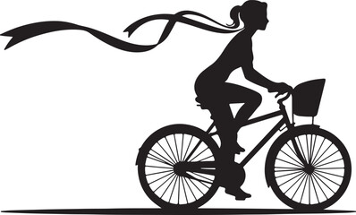 Fototapeta premium Silhouette of a woman riding a bicycle with a basket and a long ribbon flowing in the wind