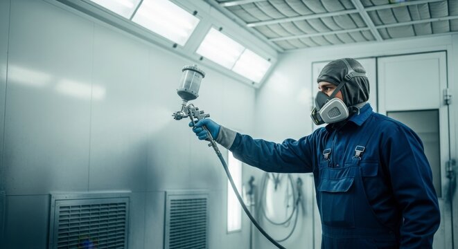 Car Painter in Spray Booth Applying Paint with Spray Gun