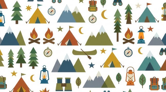 A repeating pattern displays camping gear, mountains, trees, campfires, and canoes