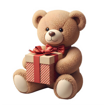 Teddy bear with gift plush toy isolated on transparent background