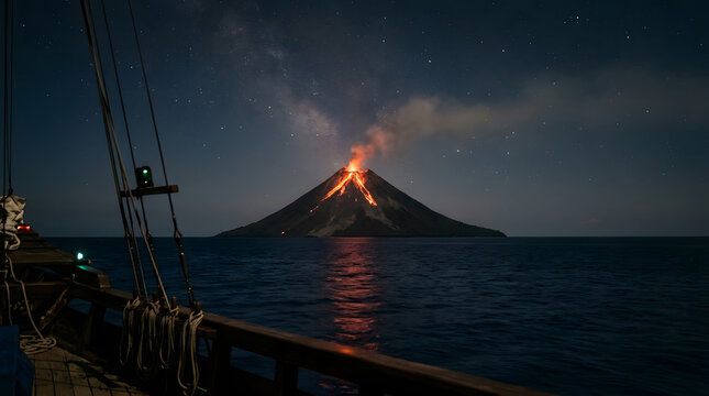 Volcanic eruption on a dark ocean.