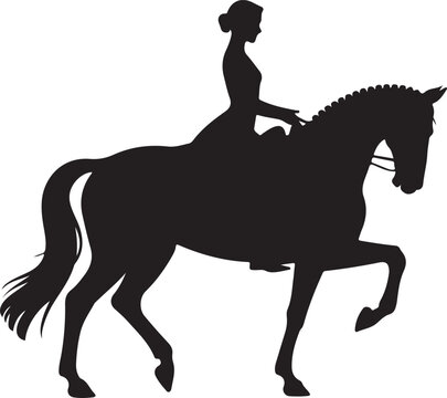 Silhouette of a woman riding a dressage horse, performing a piaffe or passage movement, elegant equestrian sport concept, side view, vector illustration
