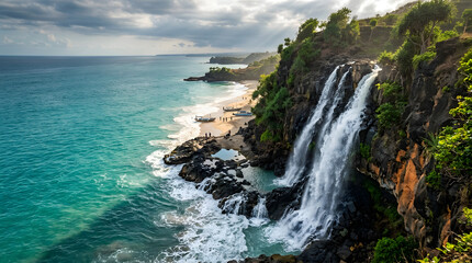 Fototapeta premium Waterfall cascading into ocean on rocky cliff.