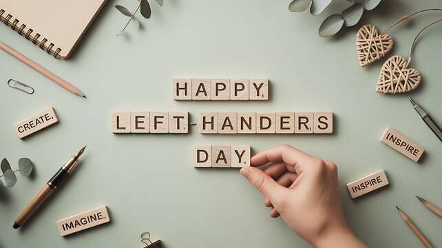 Happy left handers day text with hand and office supplies