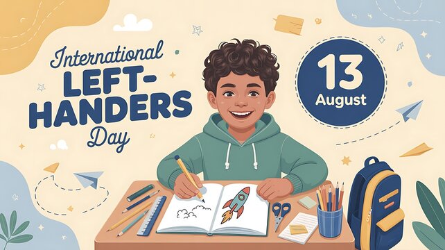 Happy boy writing in notebook on international left handers day