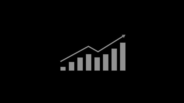 Minimalist animated bar chart with rising trend line arrow on black background, financial data visualization, corporate business growth reports, economic analysis, and digital marketing metrics